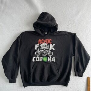 AC/DC Hoodie Mens XL Black F*ck Corona‎ Graphic Pullover Rock Band Skull